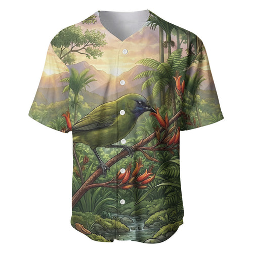 Bellbird New Zealand Personalised Baseball Jersey Korimako Harakeke Flower Native Forest