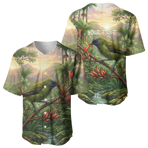 Bellbird New Zealand Personalised Baseball Jersey Korimako Harakeke Flower Native Forest