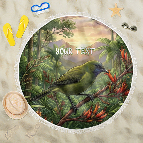 Bellbird New Zealand Personalised Beach Blanket Korimako Harakeke Flower Native Forest