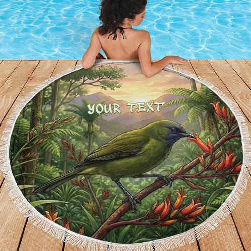 Bellbird New Zealand Personalised Beach Blanket Korimako Harakeke Flower Native Forest