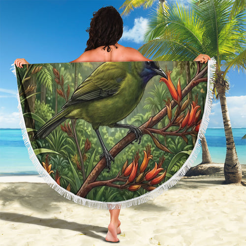 Bellbird New Zealand Personalised Beach Blanket Korimako Harakeke Flower Native Forest