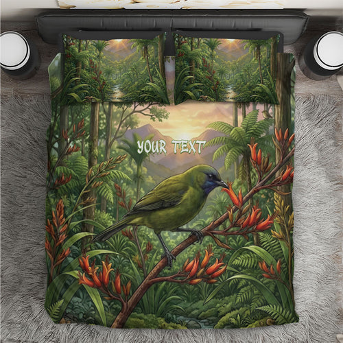 Bellbird New Zealand Personalised Bedding Set Korimako Harakeke Flower Native Forest