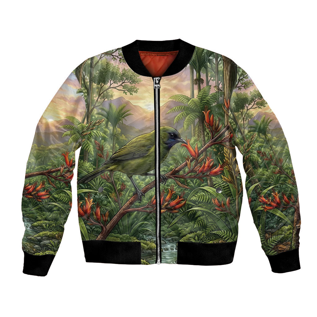 Bellbird New Zealand Personalised Bomber Jacket Korimako Harakeke Flower Native Forest