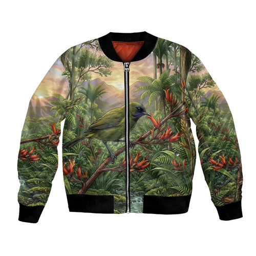 Bellbird New Zealand Personalised Bomber Jacket Korimako Harakeke Flower Native Forest