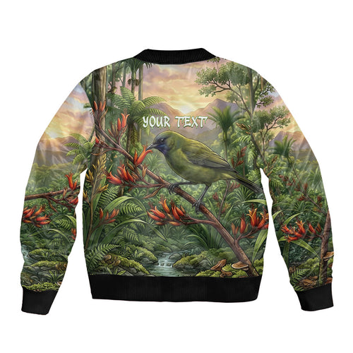 Bellbird New Zealand Personalised Bomber Jacket Korimako Harakeke Flower Native Forest