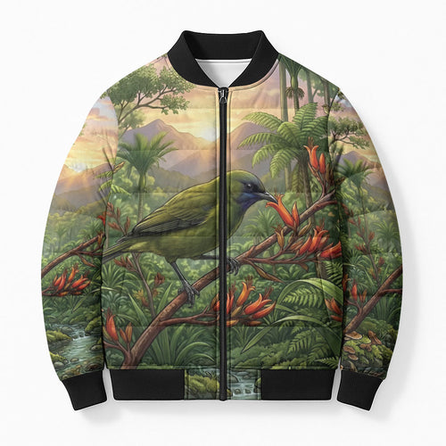 Bellbird New Zealand Personalised Bomber Puffer Jacket Korimako Harakeke Flower Native Forest
