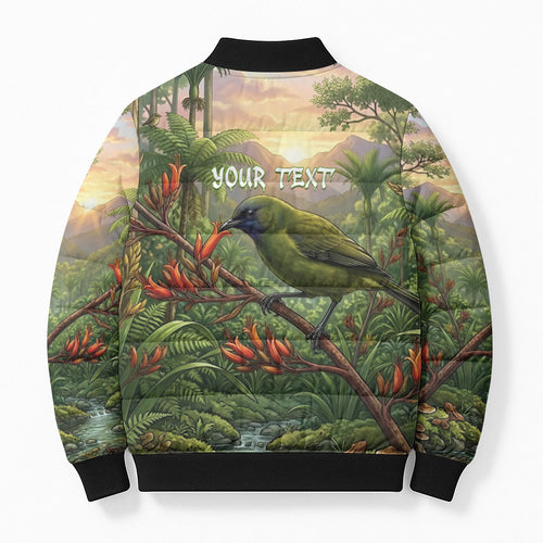 Bellbird New Zealand Personalised Bomber Puffer Jacket Korimako Harakeke Flower Native Forest