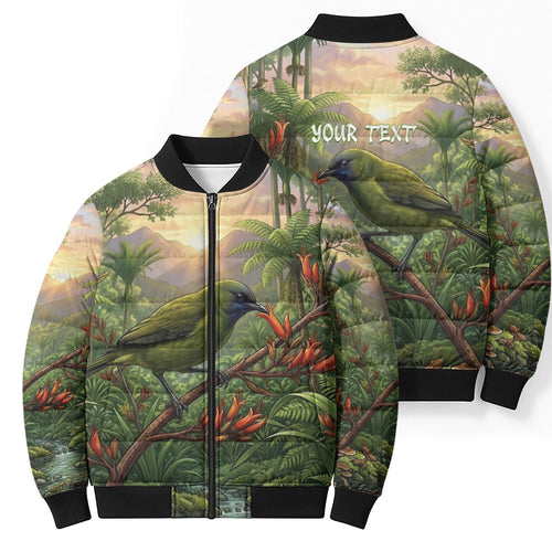 Bellbird New Zealand Personalised Bomber Puffer Jacket Korimako Harakeke Flower Native Forest
