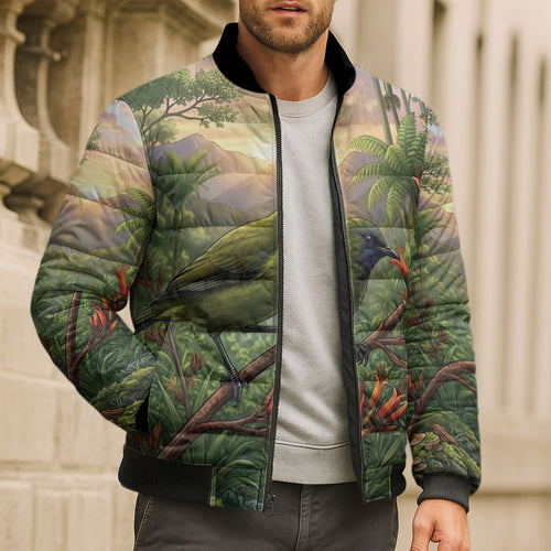 Bellbird New Zealand Personalised Bomber Puffer Jacket Korimako Harakeke Flower Native Forest