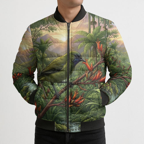 Bellbird New Zealand Personalised Bomber Puffer Jacket Korimako Harakeke Flower Native Forest