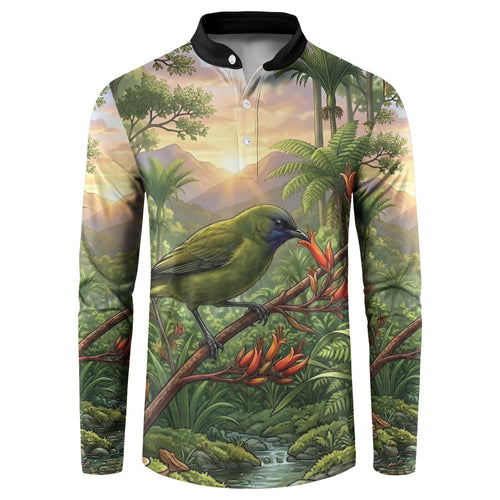 Bellbird New Zealand Personalised Button Sweatshirt Korimako Harakeke Flower Native Forest