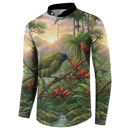 Bellbird New Zealand Personalised Button Sweatshirt Korimako Harakeke Flower Native Forest