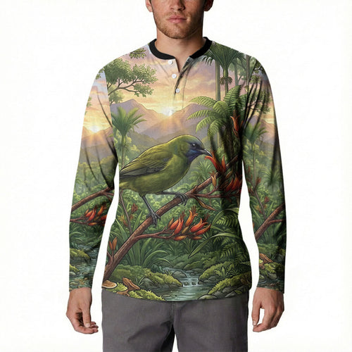 Bellbird New Zealand Personalised Button Sweatshirt Korimako Harakeke Flower Native Forest