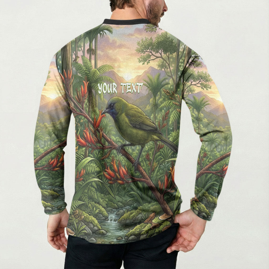 Bellbird New Zealand Personalised Button Sweatshirt Korimako Harakeke Flower Native Forest