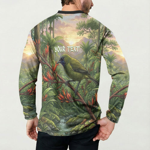 Bellbird New Zealand Personalised Button Sweatshirt Korimako Harakeke Flower Native Forest
