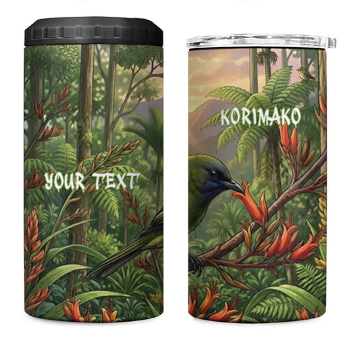 Bellbird New Zealand Personalised 4 in 1 Can Cooler Tumbler Korimako Harakeke Flower Native Forest