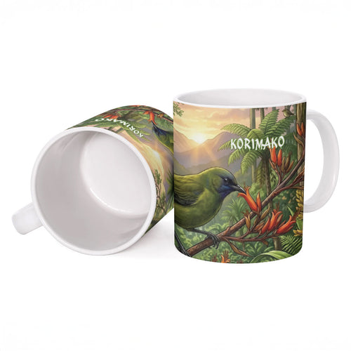 Bellbird New Zealand Personalised Ceramic Mug Korimako Harakeke Flower Native Forest