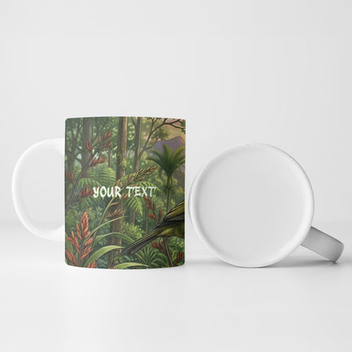 Bellbird New Zealand Personalised Ceramic Mug Korimako Harakeke Flower Native Forest