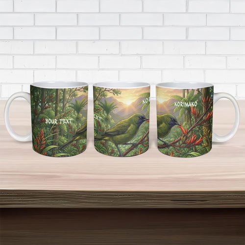 Bellbird New Zealand Personalised Ceramic Mug Korimako Harakeke Flower Native Forest