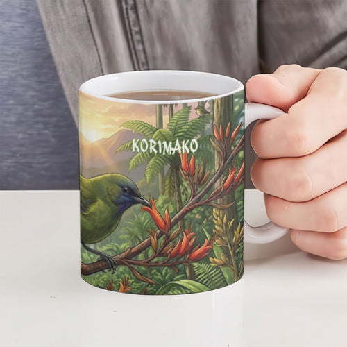 Bellbird New Zealand Personalised Ceramic Mug Korimako Harakeke Flower Native Forest