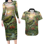 Bellbird New Zealand Personalised Couples Matching Long Sleeve Bodycon Dress and Hawaiian Shirt Korimako Harakeke Flower Native Forest