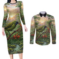 Bellbird New Zealand Personalised Couples Matching Long Sleeve Bodycon Dress and Long Sleeve Button Shirt Korimako Harakeke Flower Native Forest