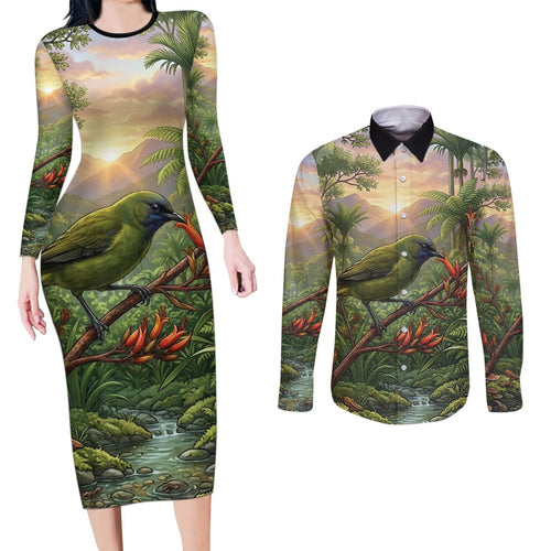 Bellbird New Zealand Personalised Couples Matching Long Sleeve Bodycon Dress and Long Sleeve Button Shirt Korimako Harakeke Flower Native Forest