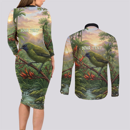 Bellbird New Zealand Personalised Couples Matching Long Sleeve Bodycon Dress and Long Sleeve Button Shirt Korimako Harakeke Flower Native Forest