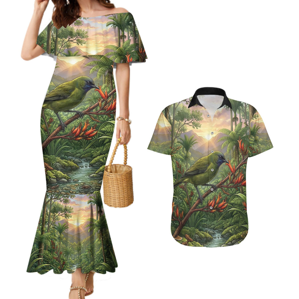 Bellbird New Zealand Personalised Couples Matching Mermaid Dress and Hawaiian Shirt Korimako Harakeke Flower Native Forest