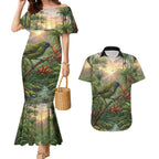Bellbird New Zealand Personalised Couples Matching Mermaid Dress and Hawaiian Shirt Korimako Harakeke Flower Native Forest