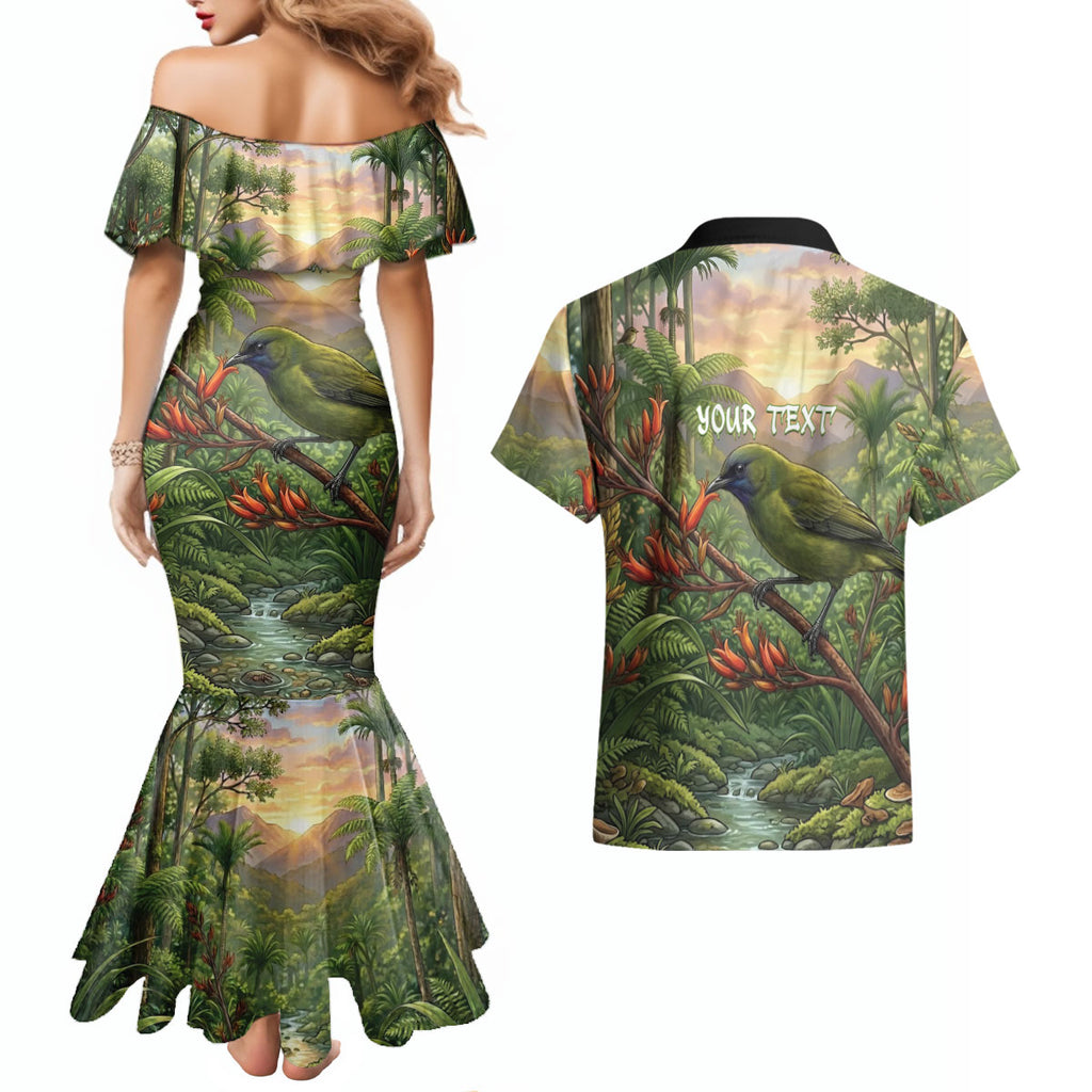 Bellbird New Zealand Personalised Couples Matching Mermaid Dress and Hawaiian Shirt Korimako Harakeke Flower Native Forest