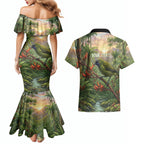 Bellbird New Zealand Personalised Couples Matching Mermaid Dress and Hawaiian Shirt Korimako Harakeke Flower Native Forest