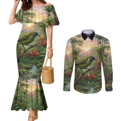 Bellbird New Zealand Personalised Couples Matching Mermaid Dress and Long Sleeve Button Shirt Korimako Harakeke Flower Native Forest