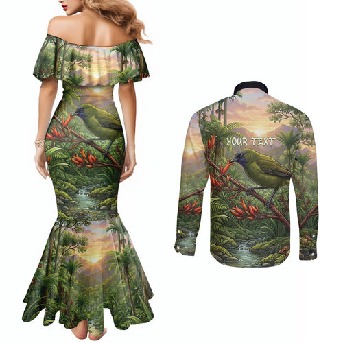 Bellbird New Zealand Personalised Couples Matching Mermaid Dress and Long Sleeve Button Shirt Korimako Harakeke Flower Native Forest
