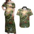 Bellbird New Zealand Personalised Couples Matching Off Shoulder Maxi Dress and Hawaiian Shirt Korimako Harakeke Flower Native Forest