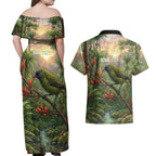 Bellbird New Zealand Personalised Couples Matching Off Shoulder Maxi Dress and Hawaiian Shirt Korimako Harakeke Flower Native Forest