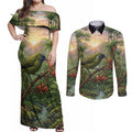 Bellbird New Zealand Personalised Couples Matching Off Shoulder Maxi Dress and Long Sleeve Button Shirt Korimako Harakeke Flower Native Forest