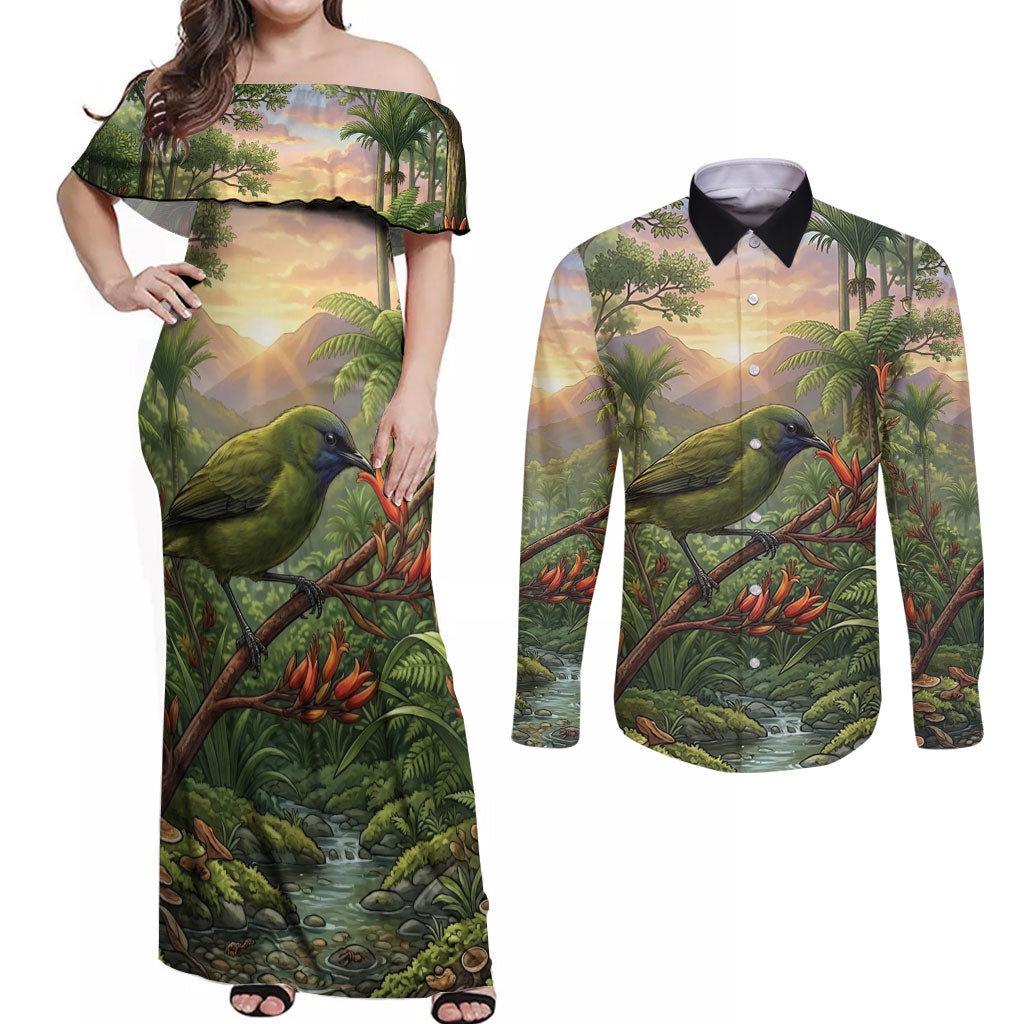 Bellbird New Zealand Personalised Couples Matching Off Shoulder Maxi Dress and Long Sleeve Button Shirt Korimako Harakeke Flower Native Forest