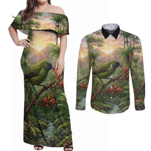 Bellbird New Zealand Personalised Couples Matching Off Shoulder Maxi Dress and Long Sleeve Button Shirt Korimako Harakeke Flower Native Forest