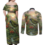 Bellbird New Zealand Personalised Couples Matching Off Shoulder Maxi Dress and Long Sleeve Button Shirt Korimako Harakeke Flower Native Forest