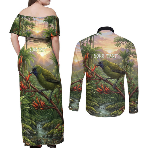 Bellbird New Zealand Personalised Couples Matching Off Shoulder Maxi Dress and Long Sleeve Button Shirt Korimako Harakeke Flower Native Forest