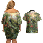 Bellbird New Zealand Personalised Couples Matching Off Shoulder Short Dress and Hawaiian Shirt Korimako Harakeke Flower Native Forest