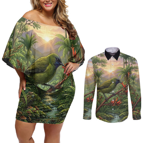 Bellbird New Zealand Personalised Couples Matching Off Shoulder Short Dress and Long Sleeve Button Shirt Korimako Harakeke Flower Native Forest