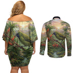 Bellbird New Zealand Personalised Couples Matching Off Shoulder Short Dress and Long Sleeve Button Shirt Korimako Harakeke Flower Native Forest