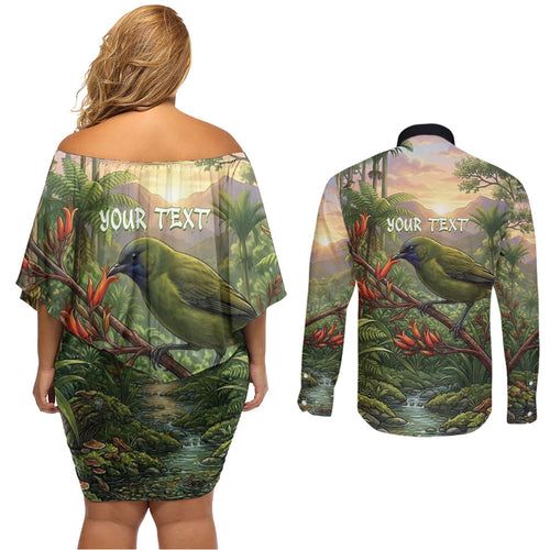 Bellbird New Zealand Personalised Couples Matching Off Shoulder Short Dress and Long Sleeve Button Shirt Korimako Harakeke Flower Native Forest