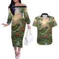 Bellbird New Zealand Personalised Couples Matching Off The Shoulder Long Sleeve Dress and Hawaiian Shirt Korimako Harakeke Flower Native Forest