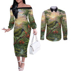 Bellbird New Zealand Personalised Couples Matching Off The Shoulder Long Sleeve Dress and Long Sleeve Button Shirt Korimako Harakeke Flower Native Forest