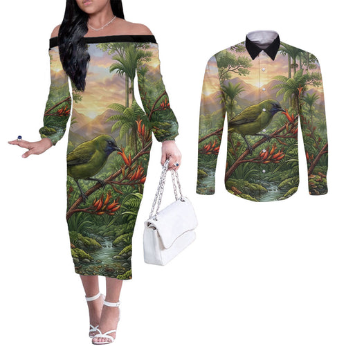 Bellbird New Zealand Personalised Couples Matching Off The Shoulder Long Sleeve Dress and Long Sleeve Button Shirt Korimako Harakeke Flower Native Forest
