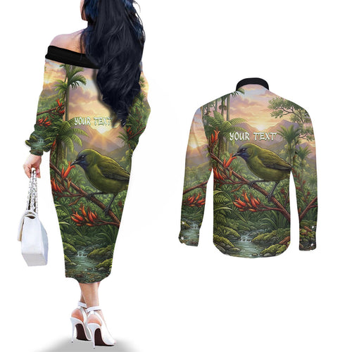 Bellbird New Zealand Personalised Couples Matching Off The Shoulder Long Sleeve Dress and Long Sleeve Button Shirt Korimako Harakeke Flower Native Forest