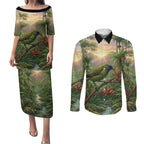 Bellbird New Zealand Personalised Couples Matching Puletasi and Long Sleeve Button Shirt Korimako Harakeke Flower Native Forest
